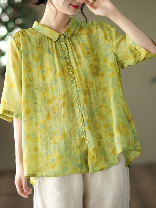Womens Shirt - Plus Size Floral Design, Breathable Ramie Fabric, Turn Down Collar - Vintage Collection - 2