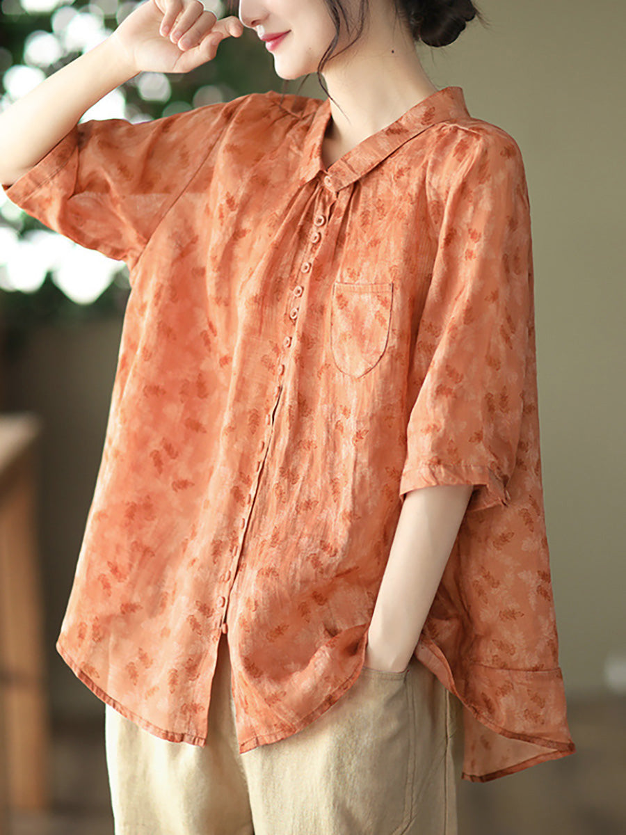 Women's Plus Size Floral Shirt Summer Ramie Casual Top - Image 3