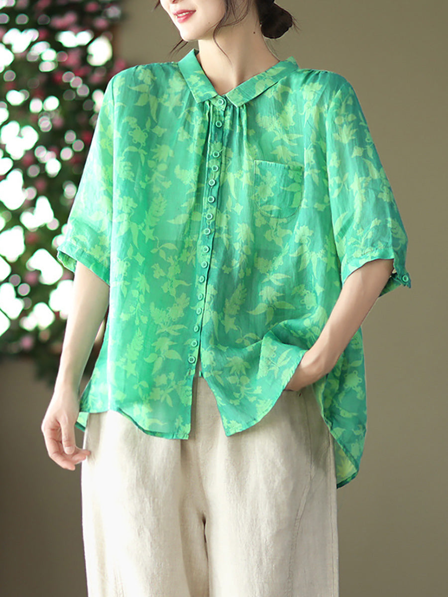 Women's Plus Size Floral Shirt Summer Ramie Casual Top - Image 4