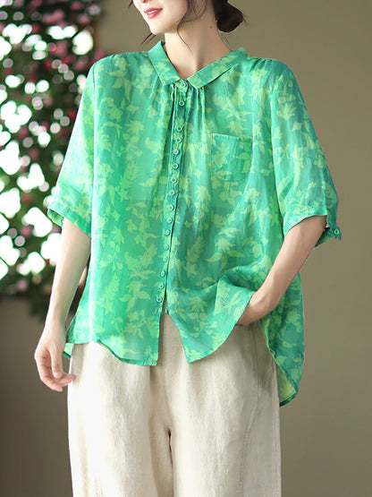 Women's Plus Size Floral Shirt Summer Ramie Casual Top - Image 4