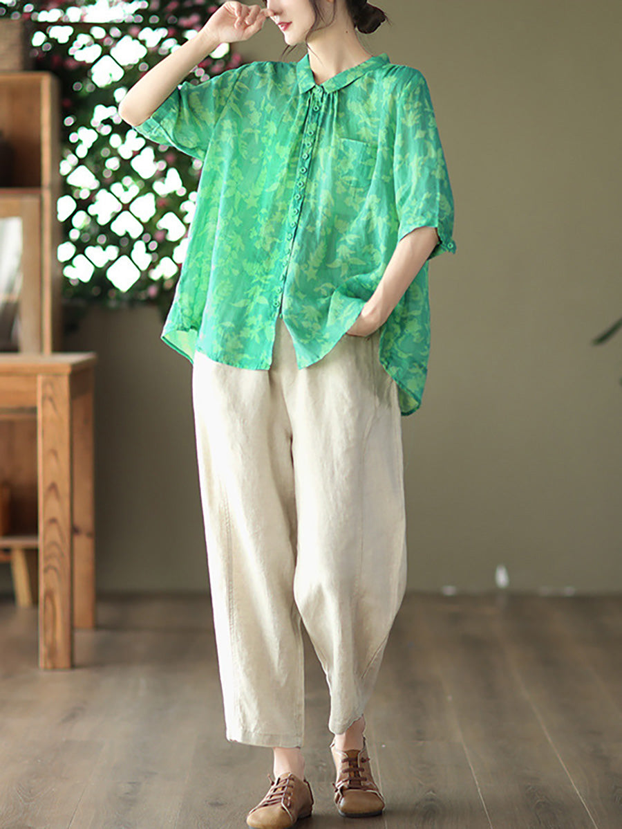 Women's Plus Size Floral Shirt Summer Ramie Casual Top - Image 5