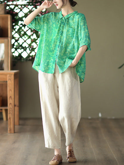 Women's Plus Size Floral Shirt Summer Ramie Casual Top - Image 5