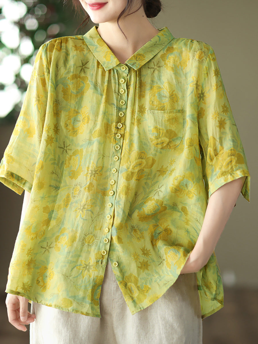 Women's Plus Size Floral Shirt Summer Ramie Casual Top - Image 6