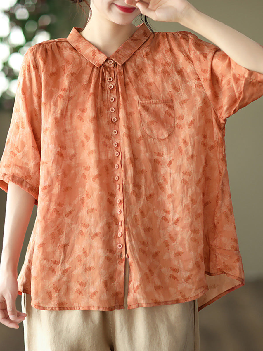 Women's Plus Size Floral Shirt Summer Ramie Casual Top - Image 7