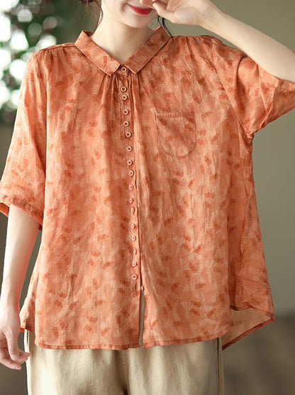 Women's Plus Size Floral Shirt Summer Ramie Casual Top - Image 7