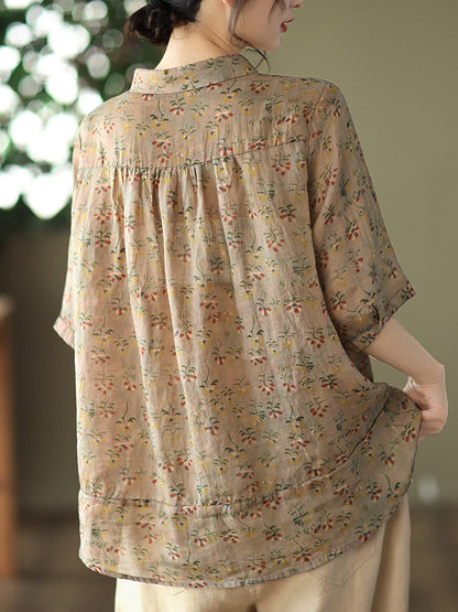 Women's Plus Size Floral Shirt Summer Ramie Casual Top - Image 8