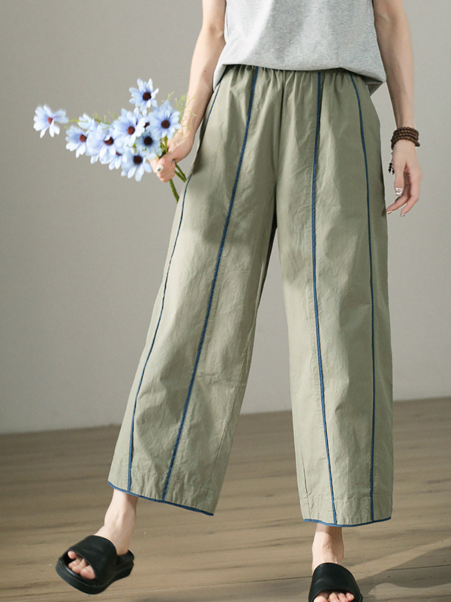Women's Wide Leg Pants, Casual Colorblock Design, 100% Cotton, Elastic Waist for Comfort - Brand Name - 3