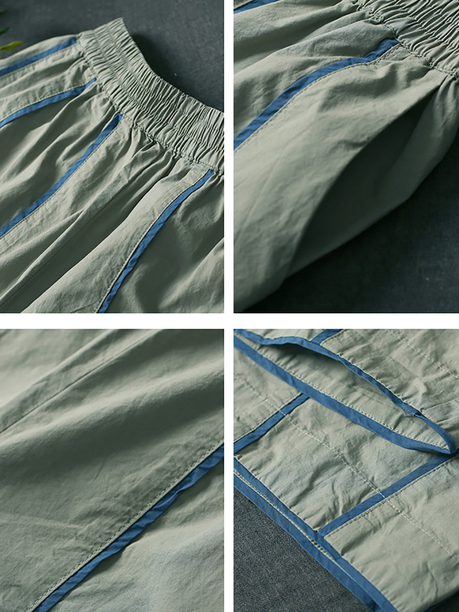 Women's Wide Leg Pants, Casual Colorblock Design, 100% Cotton, Elastic Waist for Comfort - Brand Name - 7