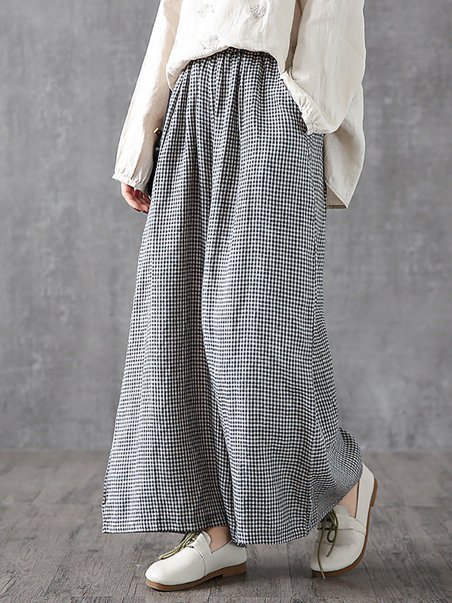 Women's Linen Pants - Plus Size Wide Leg, Breathable Plaid Design, Elastic Waist - Brand Name - 1