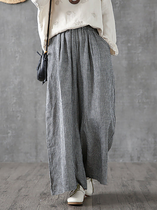 Women's Linen Pants - Plus Size Wide Leg, Breathable Plaid Design, Elastic Waist - Brand Name - 2