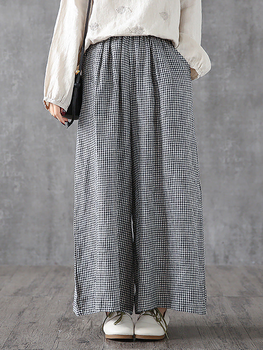 Women's Linen Pants - Plus Size Wide Leg, Breathable Plaid Design, Elastic Waist - Brand Name - 3