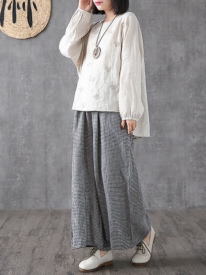 Women's Linen Pants - Plus Size Wide Leg, Breathable Plaid Design, Elastic Waist - Brand Name - 4