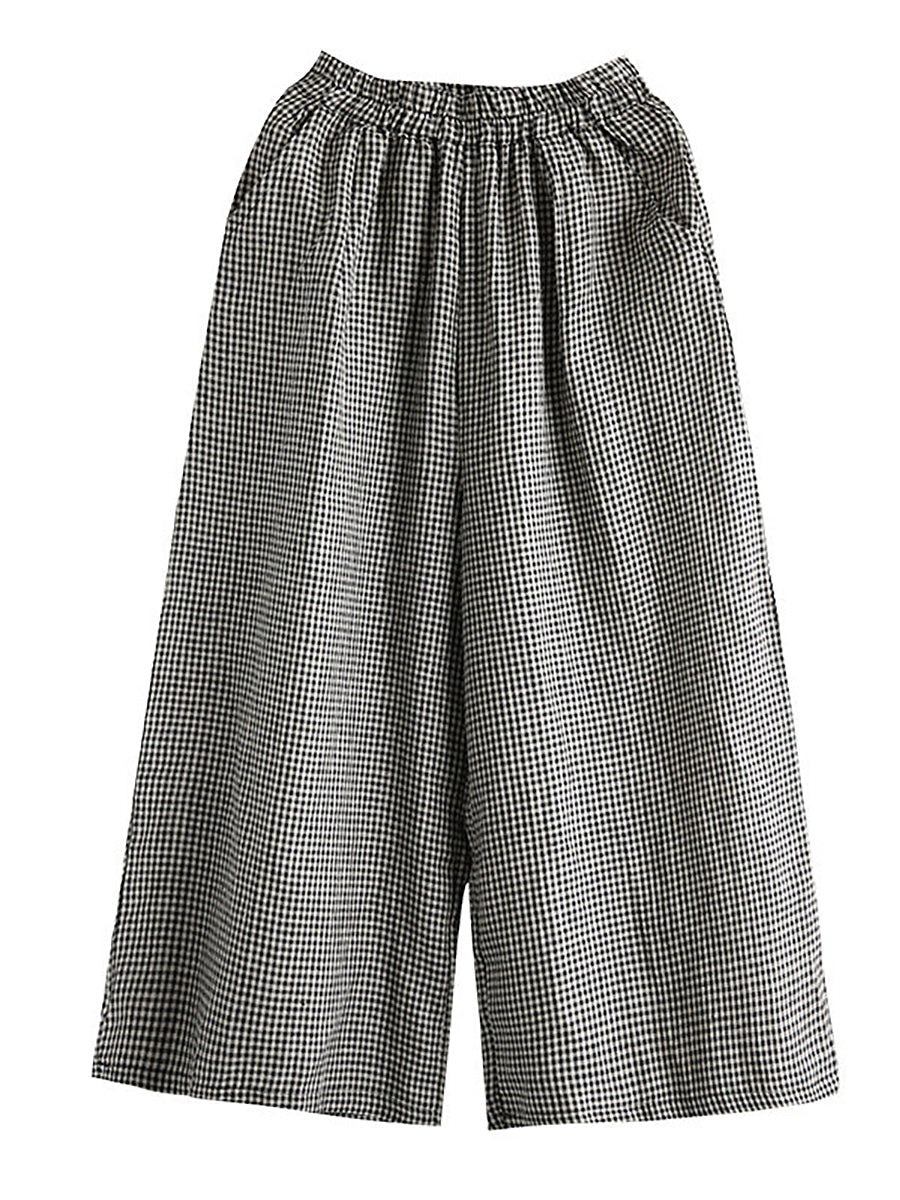 Women's Linen Pants - Plus Size Wide Leg, Breathable Plaid Design, Elastic Waist - Brand Name - 5
