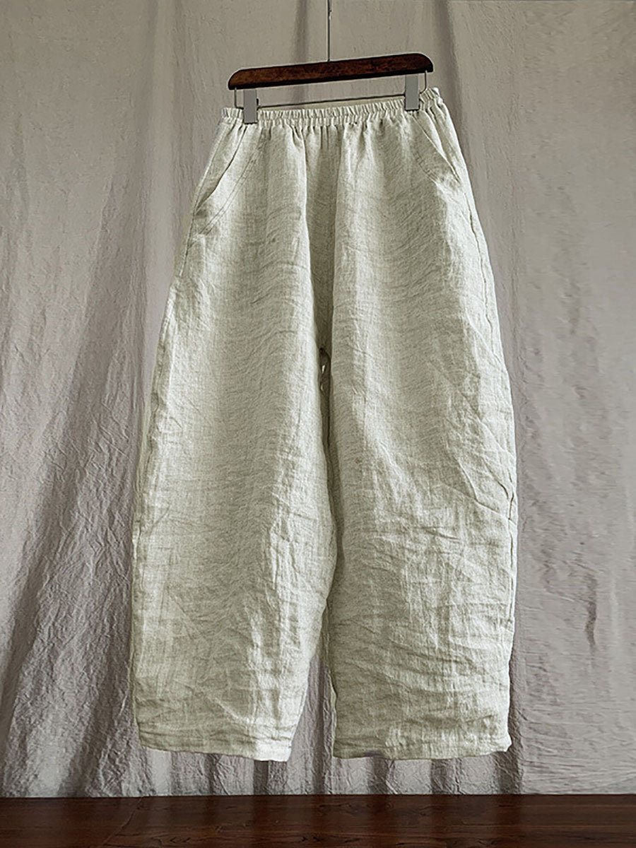 Women's Pants - Plus Size Casual Ankle-Length Linen Pants with Elastic Waist and Pockets - Brand Name - 1