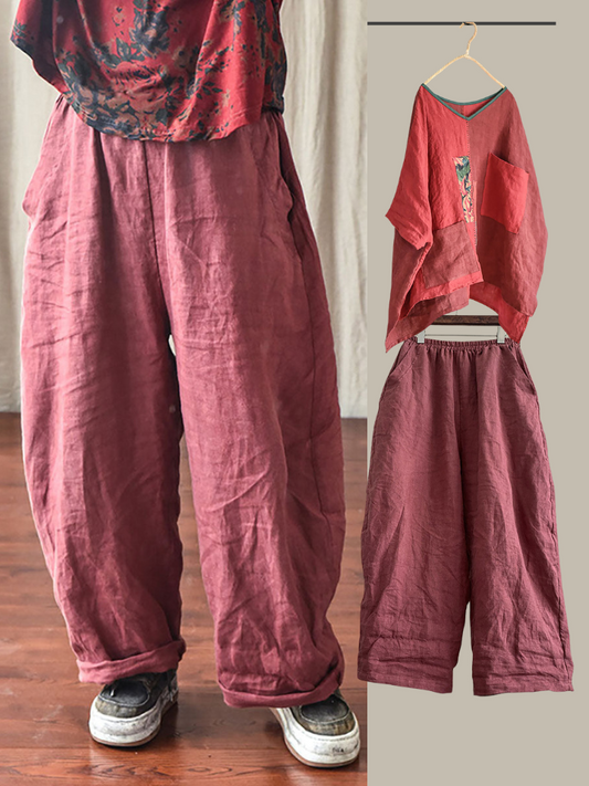 Women's Pants - Plus Size Casual Ankle-Length Linen Pants with Elastic Waist and Pockets - Brand Name - 2