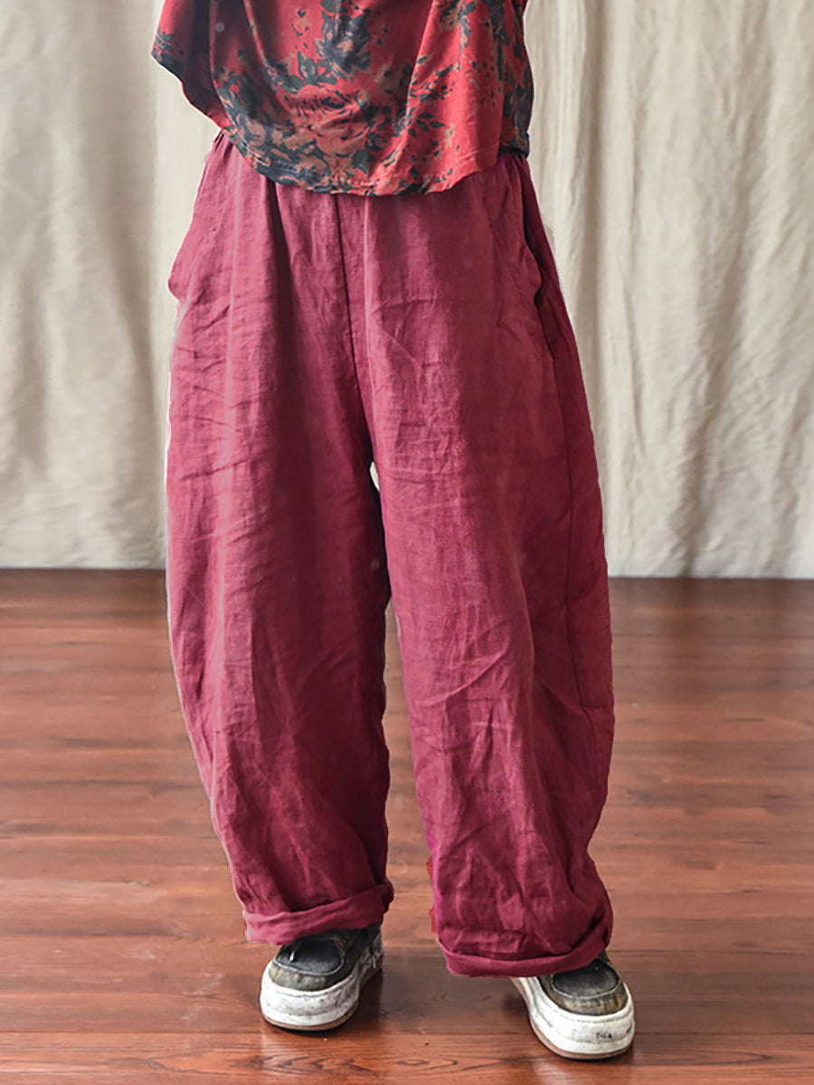 Women's Pants - Plus Size Casual Ankle-Length Linen Pants with Elastic Waist and Pockets - Brand Name - 11