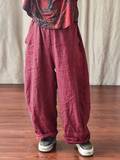 Women's Pants - Plus Size Casual Ankle-Length Linen Pants with Elastic Waist and Pockets - Brand Name - 11