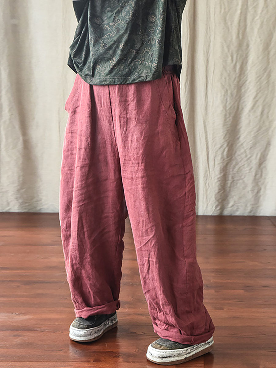 Women's Pants - Plus Size Casual Ankle-Length Linen Pants with Elastic Waist and Pockets - Brand Name - 3