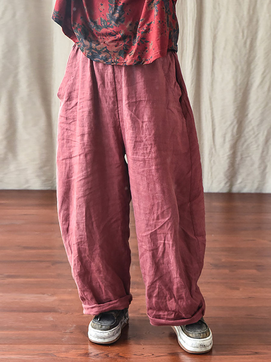 Women's Pants - Plus Size Casual Ankle-Length Linen Pants with Elastic Waist and Pockets - Brand Name - 7