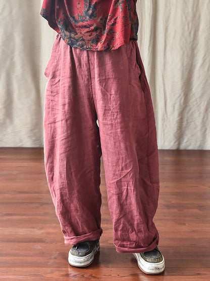 Women's Pants - Plus Size Casual Ankle-Length Linen Pants with Elastic Waist and Pockets - Brand Name - 7