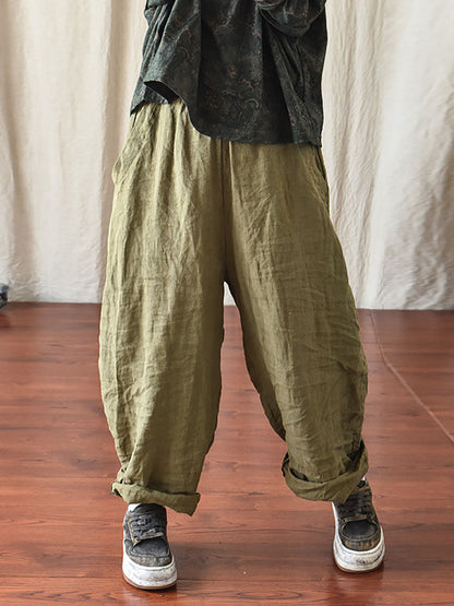 Women's Pants - Plus Size Casual Ankle-Length Linen Pants with Elastic Waist and Pockets - Brand Name - 8