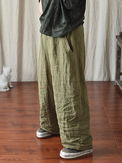 Women's Pants - Plus Size Casual Ankle-Length Linen Pants with Elastic Waist and Pockets - Brand Name - 9