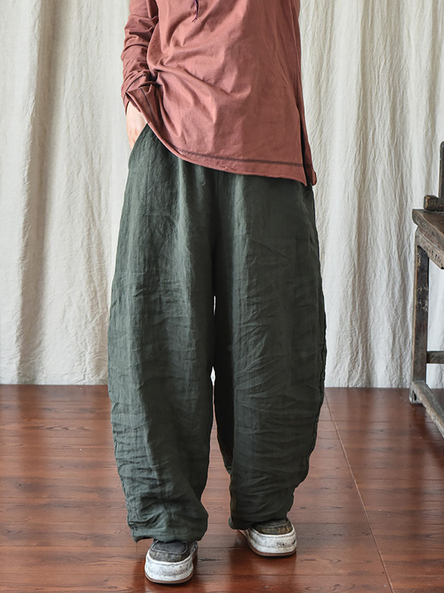 Women's Pants - Plus Size Casual Ankle-Length Linen Pants with Elastic Waist and Pockets - Brand Name - 10