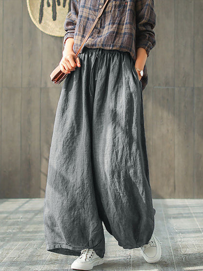 Women's Linen Wide Leg Pants – Plus Size, Elastic Waist, Convenient Pockets – Casual Spring Style - 1