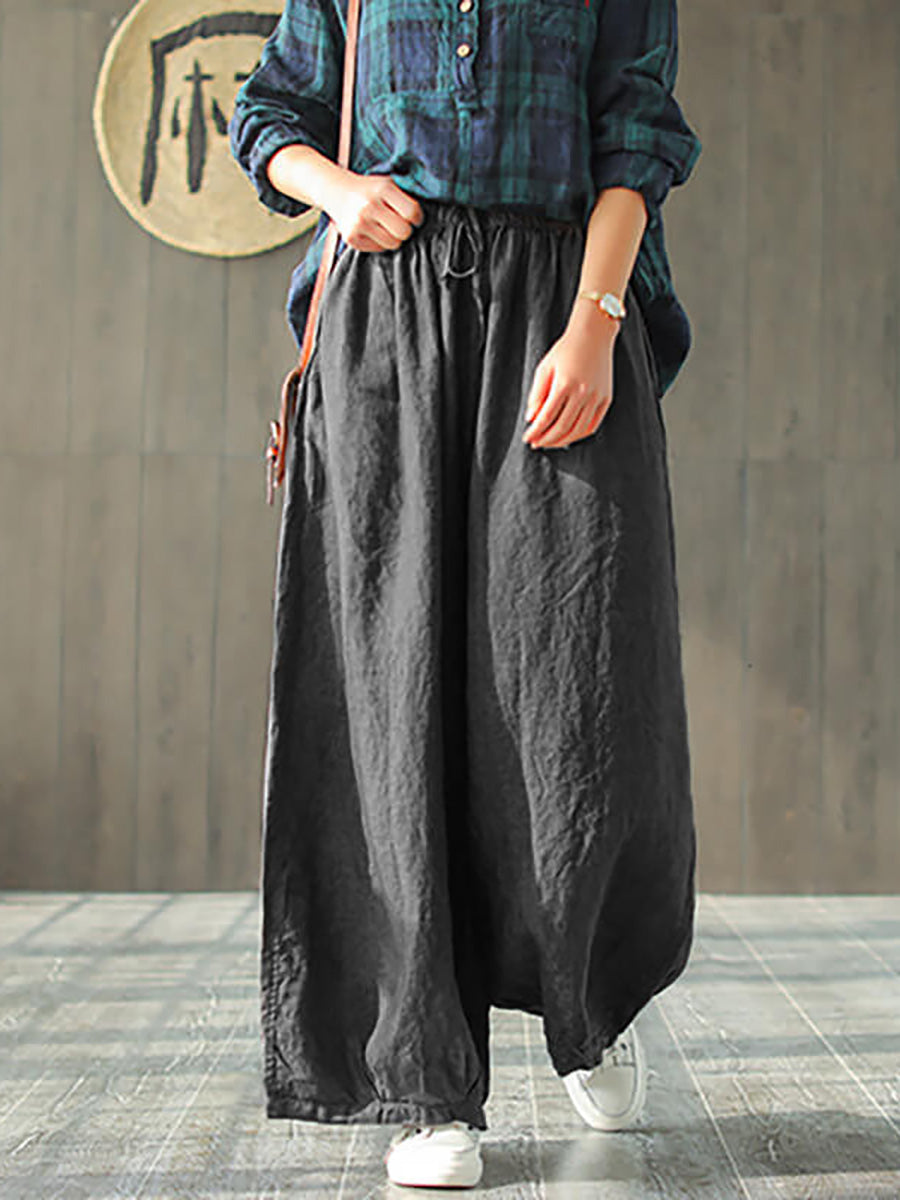 Women's Linen Wide Leg Pants – Plus Size, Elastic Waist, Convenient Pockets – Casual Spring Style - 2