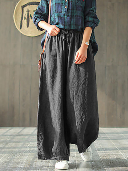 Women's Linen Wide Leg Pants – Plus Size, Elastic Waist, Convenient Pockets – Casual Spring Style - 2