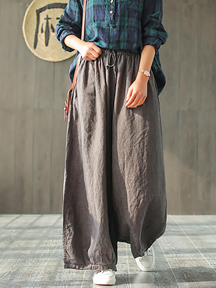 Women's Linen Wide Leg Pants – Plus Size, Elastic Waist, Convenient Pockets – Casual Spring Style - 3