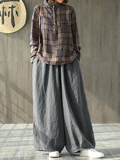 Women's Linen Wide Leg Pants – Plus Size, Elastic Waist, Convenient Pockets – Casual Spring Style - 4