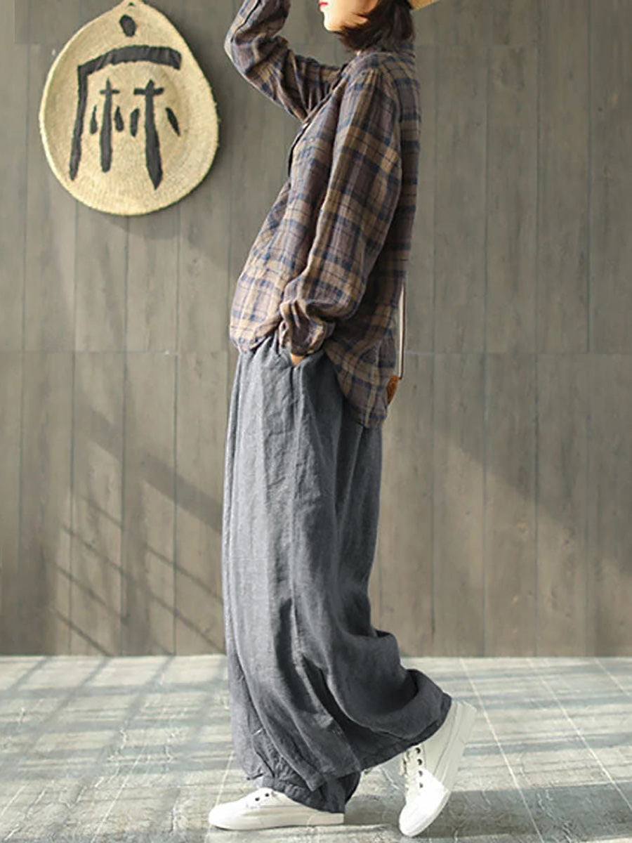 Women's Linen Wide Leg Pants – Plus Size, Elastic Waist, Convenient Pockets – Casual Spring Style - 6