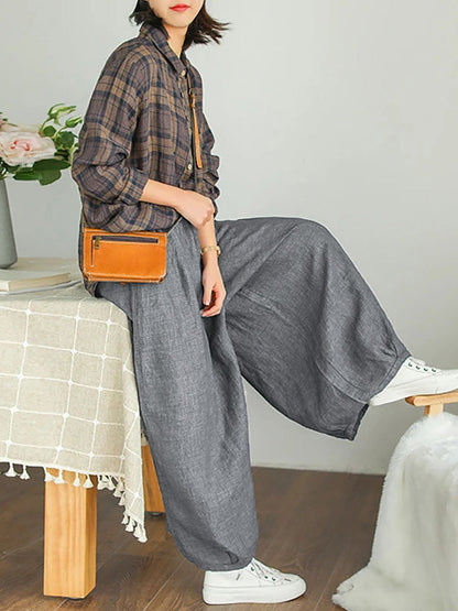 Women's Linen Wide Leg Pants – Plus Size, Elastic Waist, Convenient Pockets – Casual Spring Style - 7
