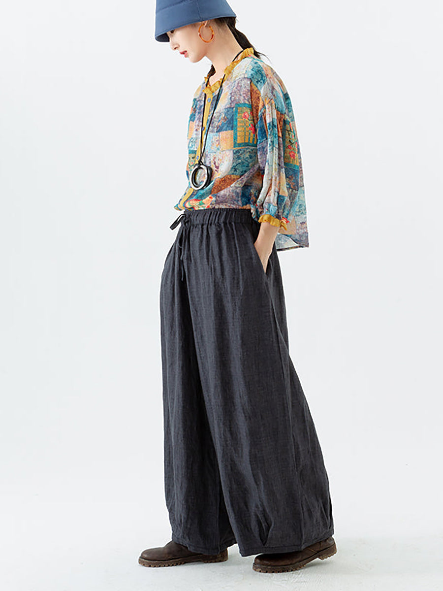 Women's Linen Wide Leg Pants – Plus Size, Elastic Waist, Convenient Pockets – Casual Spring Style - 8