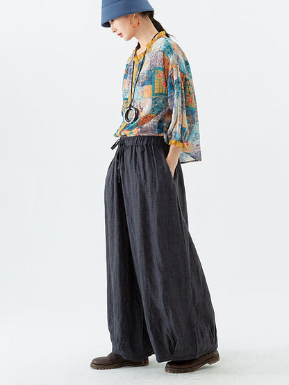 Women's Linen Wide Leg Pants – Plus Size, Elastic Waist, Convenient Pockets – Casual Spring Style - 8