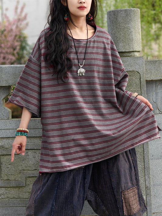 Women's Shirt - Plus Size Casual Summer Stripe, O-Neck, Soft Cotton Blend - Brand Name - 1