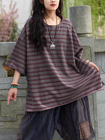 Women's Shirt - Plus Size Casual Summer Stripe, O-Neck, Soft Cotton Blend - Brand Name - 2