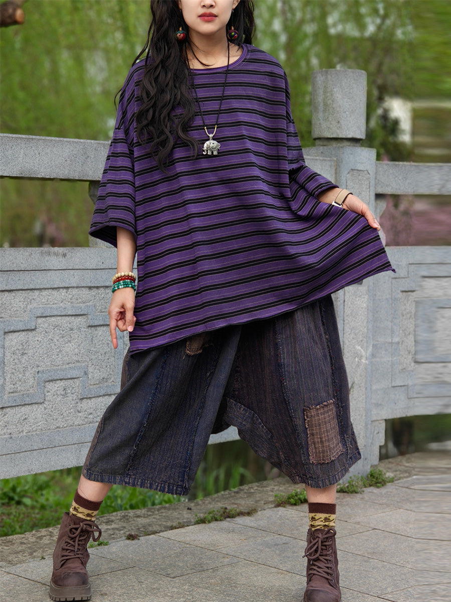 Women's Shirt - Plus Size Casual Summer Stripe, O-Neck, Soft Cotton Blend - Brand Name - 3