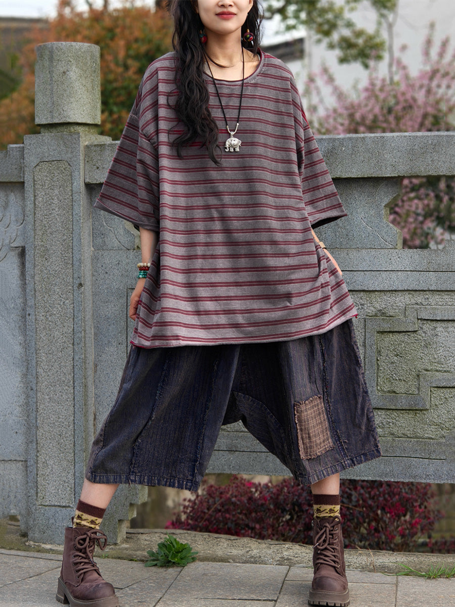 Women's Shirt - Plus Size Casual Summer Stripe, O-Neck, Soft Cotton Blend - Brand Name - 4