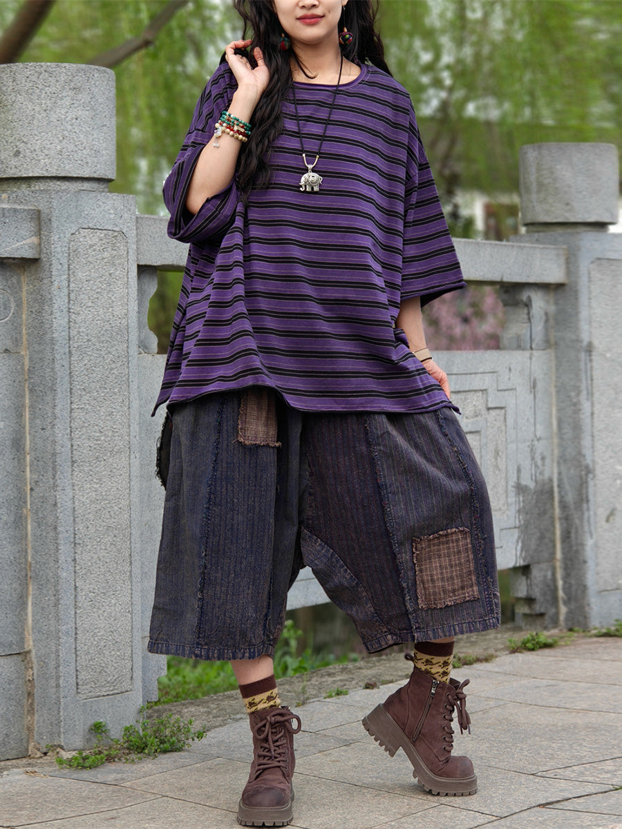 Women's Shirt - Plus Size Casual Summer Stripe, O-Neck, Soft Cotton Blend - Brand Name - 5