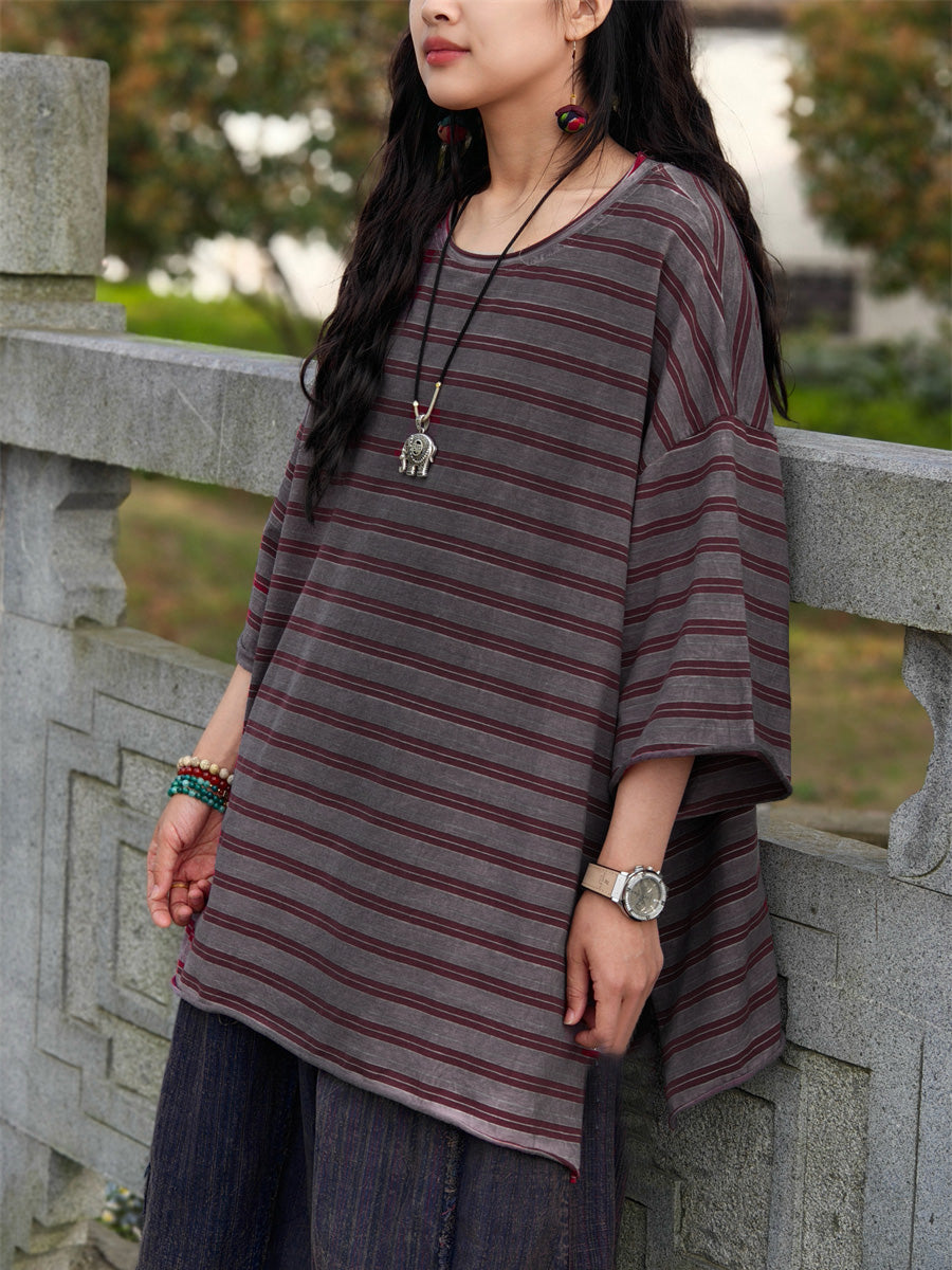 Women's Shirt - Plus Size Casual Summer Stripe, O-Neck, Soft Cotton Blend - Brand Name - 7