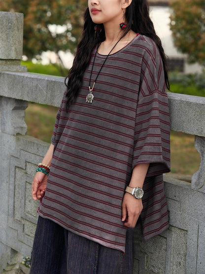 Women's Shirt - Plus Size Casual Summer Stripe, O-Neck, Soft Cotton Blend - Brand Name - 7