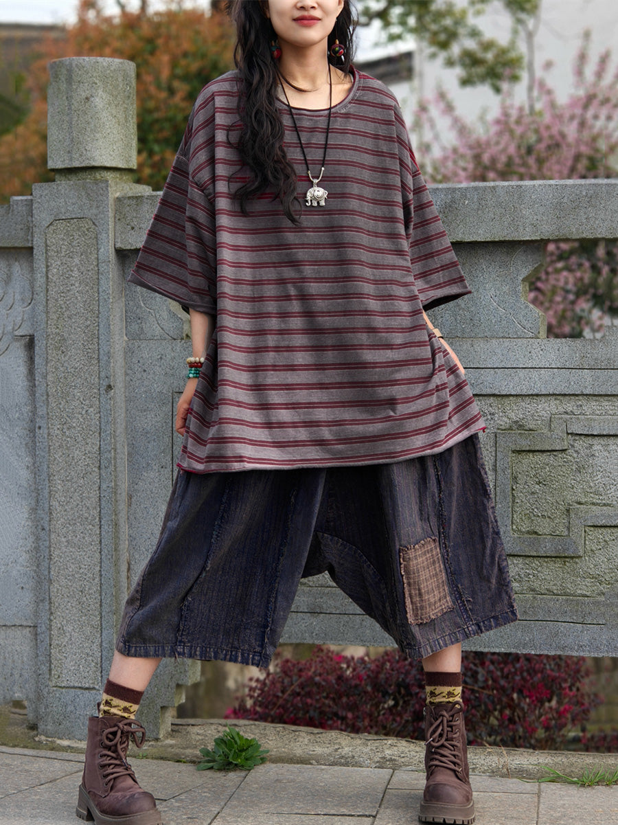 Women's Shirt - Plus Size Casual Summer Stripe, O-Neck, Soft Cotton Blend - Brand Name - 8