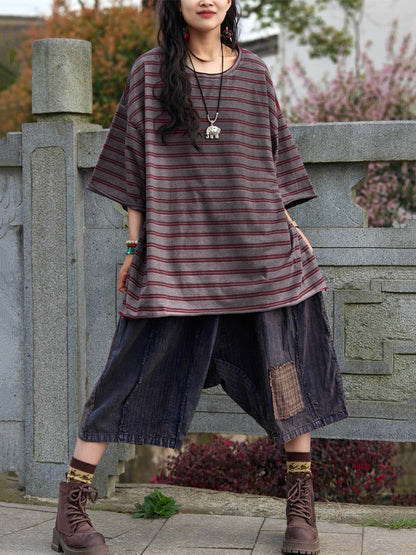 Women's Shirt - Plus Size Casual Summer Stripe, O-Neck, Soft Cotton Blend - Brand Name - 8