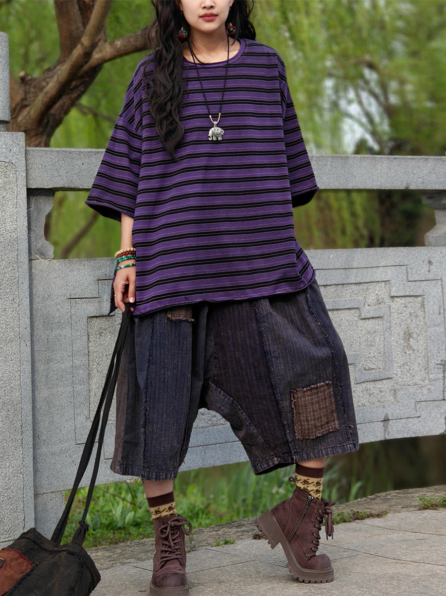 Women's Shirt - Plus Size Casual Summer Stripe, O-Neck, Soft Cotton Blend - Brand Name - 9