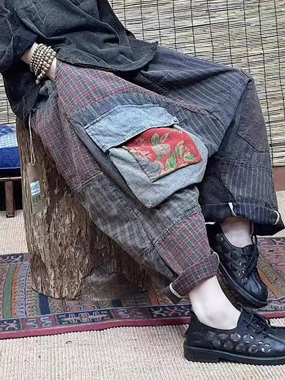 Plus Size Loose Pants - 100% Cotton, Elastic Waist, Patchwork Design - Women's Fashion - 3