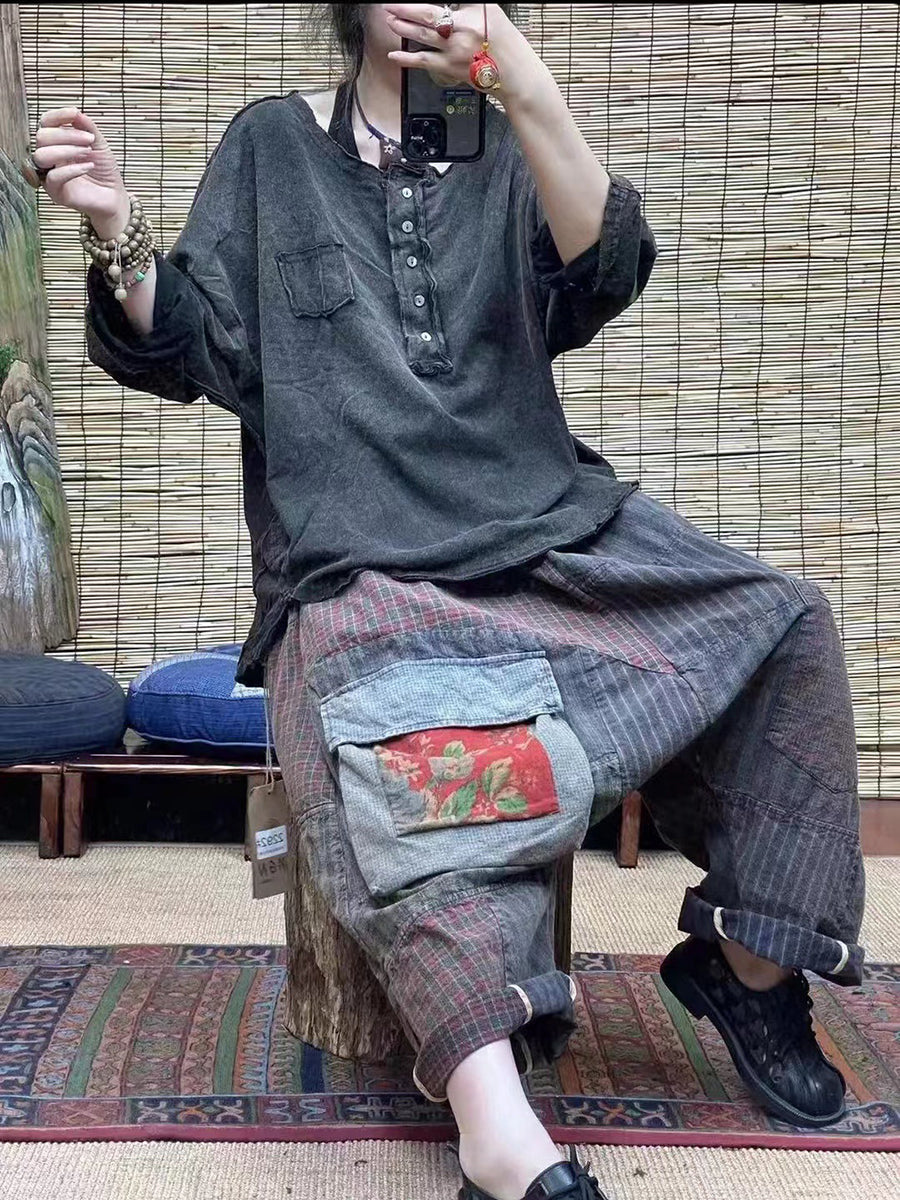 Plus Size Loose Pants - 100% Cotton, Elastic Waist, Patchwork Design - Women's Fashion - 4