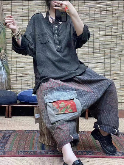 Plus Size Loose Pants - 100% Cotton, Elastic Waist, Patchwork Design - Women's Fashion - 4