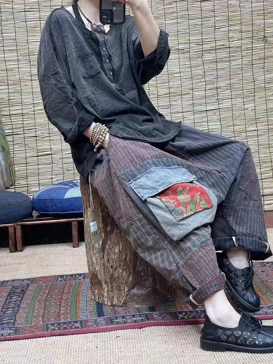 Plus Size Loose Pants - 100% Cotton, Elastic Waist, Patchwork Design - Women's Fashion - 5